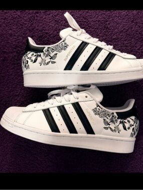 adidas White Sneakers with Black Stripes & Floral Accent